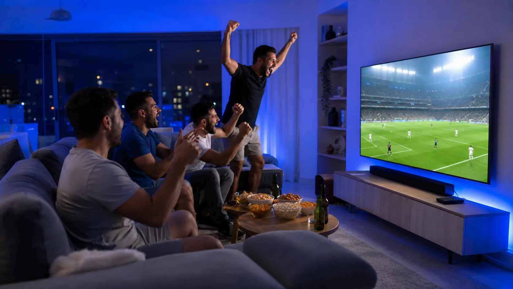Friends watching a generic live football match in an Israeli home